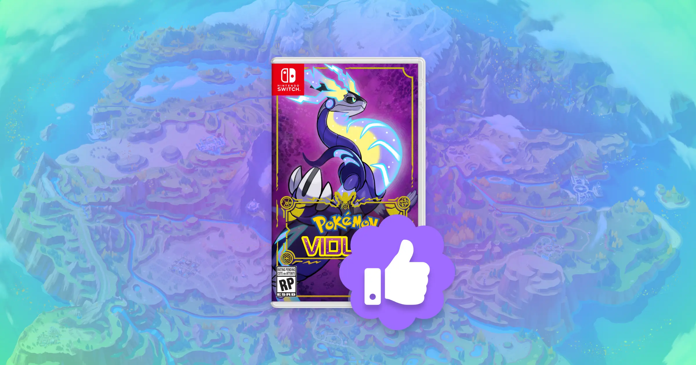 The Pokémon Violet game cover with a purple badge with a white thumbs up in the bottom right hand corner. The game box is on a background of the game map.